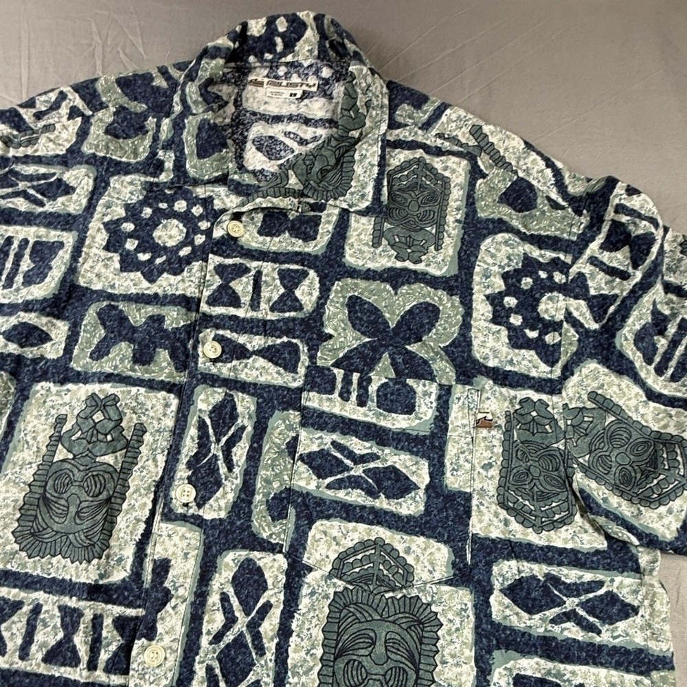 VTG Rusty Hawaiian Shirt Mens L Blue Tiki Tribal Totem Aloha‎ Button down resort